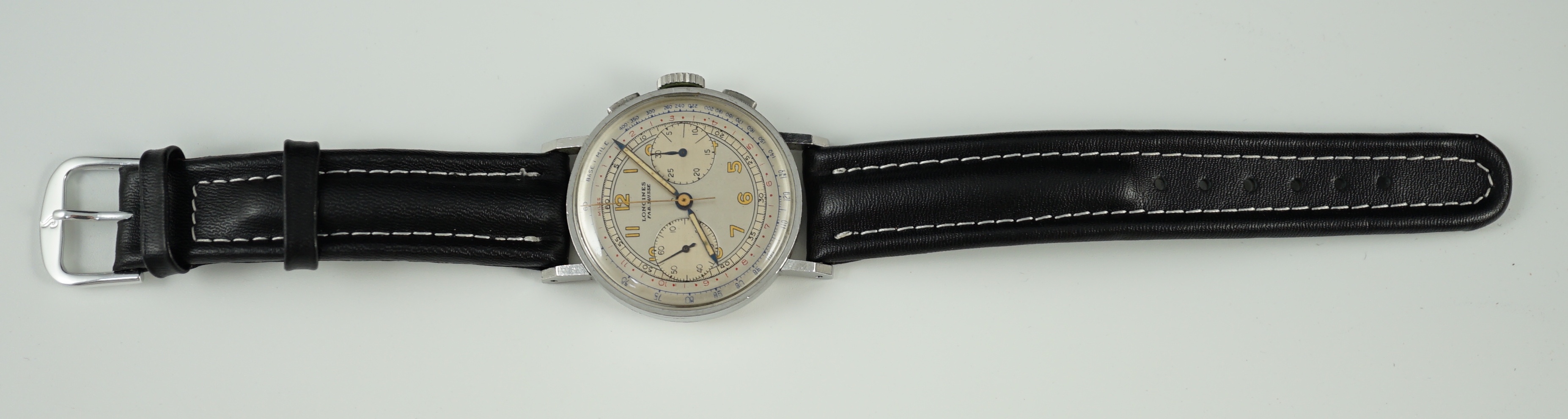A gentleman's rare 1940's stainless steel Longines Flyback manual wind chronograph wrist watch, ref. 4994, serial number 6,411,516, movement c.13ZN
